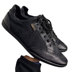 Gucci Black Leather w Horsebit Canvas Snakers Trainers EU 40